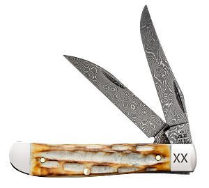 Case XX Deep Canyon Jigged Burnt Bone Damascus 6207 Mini Trapper 
