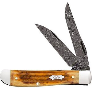 Case XX Burnt Goldenrod 2nd Cut Bone Damascus 6207 Mini Trapper 